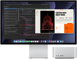 Studio Display XDR, das Display zeigt ein Dokument in Claude Agent in XCode, Mac Studio, Vorderansicht