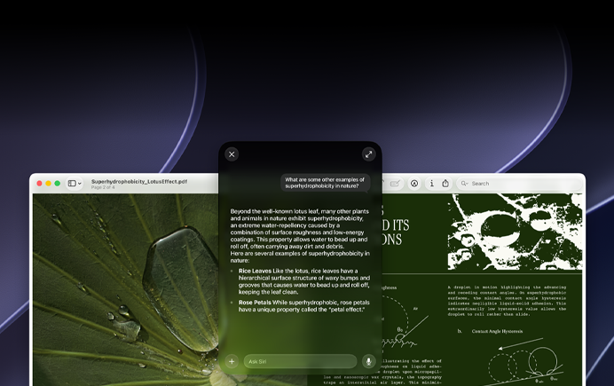 Demo zu Siri und Visueller Intelligenz, auf einem Mac Display wird eine Benutzeranfrage zu einem Thema in einem PDF angezeigt, sie lautet „Was sind andere Beispiele für Superhydrophobie in der Natur?“, Antwort von Siri