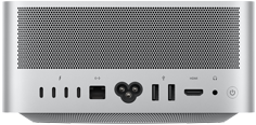 Mac Studio, Rückseite, Aluminium-Lüftungslöcher, vier Thunderbolt 5 Anschlüsse, ein Ethernet Anschluss, ein Netzanschluss, zwei USB‑A Anschlüsse, ein HDMI Anschluss, ein Kopfhöreranschluss und Ein‑/Ausschalter