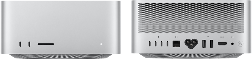 Mac Studio, Vorderseite, zwei USB‑C Anschlüsse, SDXC Kartensteckplatz, Statusanzeige, nach unten zulaufende Basis, flache Oberseite, gerundete Ecken, gerade Kanten, Farbe Silber, Mac Studio, Rückseite, Aluminiumgehäuse mit perforierten Belüftungsöffnungen, vier Thunderbolt 5 Anschlüsse, ein Ethernet Anschluss, ein Netzanschluss, zwei USB‑A, ein HDMI, ein Kopfhöreranschluss und Ein‑/Ausschalter