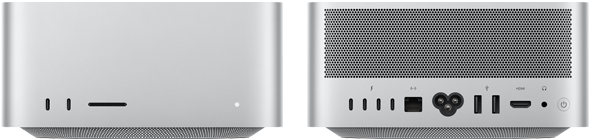 Mac Studio, Vorderseite, zwei USB‑C Anschlüsse, SDXC Kartensteckplatz, Statusanzeige, nach unten zulaufende Basis, flache Oberseite, gerundete Ecken, gerade Kanten, Farbe Silber, Mac Studio, Rückseite, Aluminiumgehäuse mit perforierten Belüftungsöffnungen, vier Thunderbolt 5 Anschlüsse, ein Ethernet Anschluss, ein Netzanschluss, zwei USB‑A, ein HDMI, ein Kopfhöreranschluss und Ein‑/Ausschalter