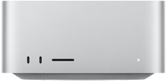 Mac Studio, Vorderseite, zwei USB‑C Anschlüsse, SDXC Kartensteckplatz, Statusanzeige, nach unten zulaufende Basis, flache Oberseite, gerundete Ecken, gerade Kanten, Farbe Silber, Mac Studio, Rückseite, Aluminiumgehäuse mit perforierten Belüftungsöffnungen, vier Thunderbolt 5 Anschlüsse, ein Ethernet Anschluss, ein Netzanschluss, zwei USB‑A, ein HDMI, ein Kopfhöreranschluss und Ein‑/Ausschalter