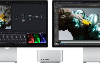 Studio Display und Studio Display XDR, je ein Display auf beiden Seiten des Mac Studio, mit einem künstlerischen Arbeitsbereich, 3D Modell Software und Tools