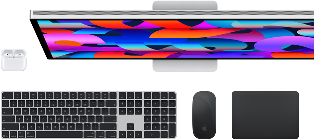 Auswahl an Zubehör und Geräten, darunter AirPods, Magic Keyboard mit Touch ID, Magic Mouse, Magic Trackpad, Studio Display