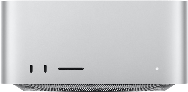 Mac Studio, Vorderseite, zwei USB‑C Anschlüsse, SDXC Kartensteckplatz, Statusanzeige, nach unten zulaufender Sockel, flache Oberseite, gerundete Ecken, gerade Kanten, Farbe Silber