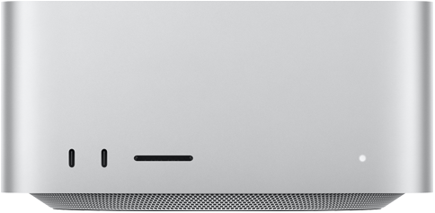 Mac Studio, Vorderseite, zwei USB‑C Anschlüsse, SDXC Kartensteckplatz, Statusanzeige, nach unten zulaufender Sockel, flache Oberseite, gerundete Ecken, gerade Kanten, Farbe Silber