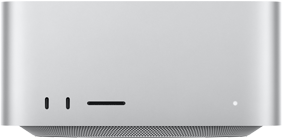 Mac Studio, Vorderseite, zwei USB‑C Anschlüsse, SDXC Kartensteckplatz, Statusanzeige, nach unten zulaufender Sockel, flache Oberseite, gerundete Ecken, gerade Kanten, Farbe Silber