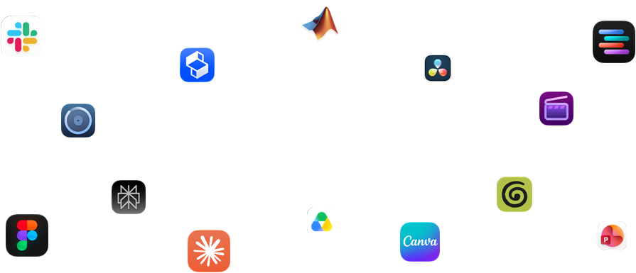 Verschiedene App Symbole sind angeordnet um den Text: Mit macOS fliegen deine Apps