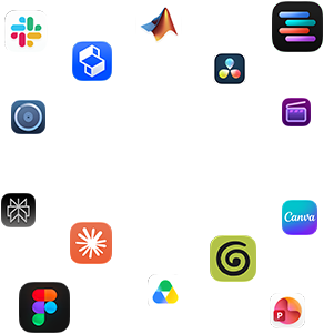 Verschiedene App Symbole sind angeordnet um den Text: Mit macOS fliegen deine Apps