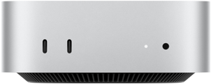 Mac mini, Vorderansicht, Gehäuse in Silber, zwei USB‑C Anschlüsse, Ein‑/Ausschalter, Statusanzeige, Lüftungsgitter unten