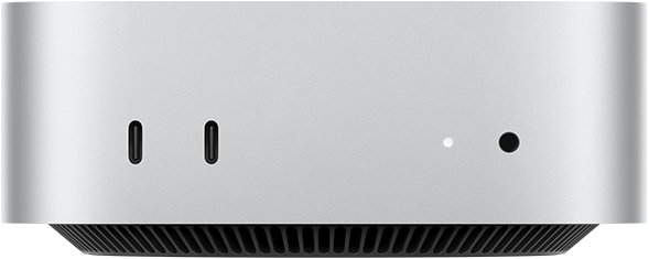 Mac mini, Vorderseite, zwei Thunderbolt Anschlüsse, Statusanzeige und Kopfhöreranschluss, schmal zulaufende Basis unten, flache Oberseite, gerundete Ecken, gerade Kanten, Farbe Silber
