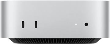 Mac mini, Vorderseite, zwei Thunderbolt Anschlüsse, Statusanzeige und Kopfhöreranschluss, schmal zulaufende Basis unten, flache Oberseite, gerundete Ecken, gerade Kanten, Farbe Silber