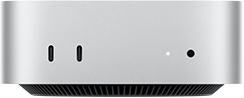 Mac mini, Vorderseite, zwei Thunderbolt Anschlüsse, Statusanzeige und Kopfhöreranschluss, schmal zulaufende Basis unten, flache Oberseite, gerundete Ecken, gerade Kanten, Farbe Silber