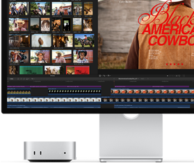 Der Mac mini mit Studio Display, das Display zeigt einen Vorspann eines Films namens Black American Cowboy auf der rechten Seite sowie mehrere Standbilder auf der linken Seite