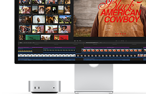 Der Mac mini mit Studio Display, das Display zeigt einen Vorspann eines Films namens Black American Cowboy auf der rechten Seite sowie mehrere Standbilder auf der linken Seite
