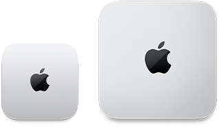 Zwei Mac mini Geräte, Oberseite, Aluminium in Silber, gerundete Ecken, glänzendes schwarzes Apple Logo in der Mitte, das Gerät auf der linken Seite ist die neuere Version und nicht mal halb so groß wie das Gerät auf der rechten Seite