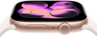 Apple Watch Series 11, Aluminiumgehäuse Roségold, Flow Zifferblatt, rechte Seitenansicht: Digital Crown, Mikrofon, Seitentaste, Sportarmband Blassrosa