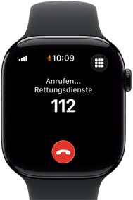 Apple Watch Series 11, Aluminiumgehäuse Diamantschwarz, ein Notruf auf dem Display, rechte Seitenansicht: Digital Crown, Sportarmband Schwarz