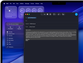 Apple Intelligence Schreibtools helfen beim Bearbeiten einer E-Mail auf einem 14 Zoll MacBook Pro Bildschirm mit den Uhr- und Kalender-Widgets im Hintergrund
