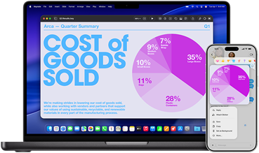 Ein 14 Zoll MacBook Pro zeigt ein Tortendiagramm in einer Keynote Präsentation, während ein iPhone daneben das gleiche Tortendiagramm in Nachrichten anzeigt