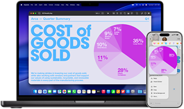 Ein 14 Zoll MacBook Pro zeigt ein Tortendiagramm in einer Keynote Präsentation, während ein iPhone daneben das gleiche Tortendiagramm in Nachrichten anzeigt
