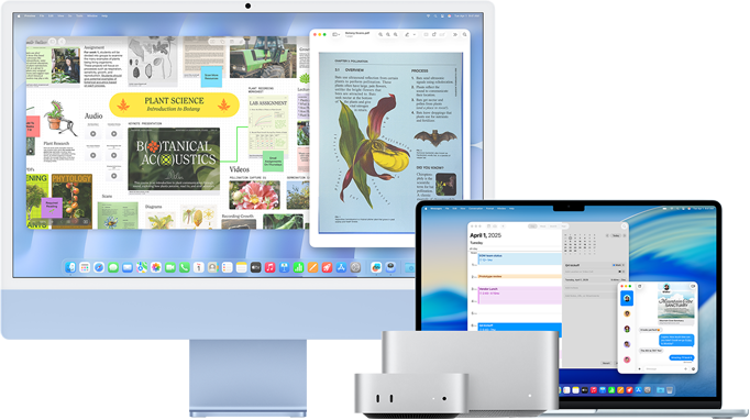 Ein 24 Zoll iMac, ein 15 Zoll MacBook Air, ein Mac mini und ein Mac Studio stehen nebeneinander und darauf laufen eine Vielzahl von Apps: Freeform, Vorschau, Kalender und Nachrichten