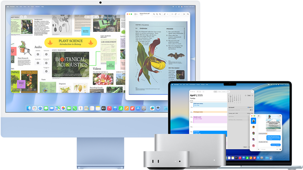 Ein 24 Zoll iMac, ein 15 Zoll MacBook Air, ein Mac mini und ein Mac Studio stehen nebeneinander und darauf laufen eine Vielzahl von Apps: Freeform, Vorschau, Kalender und Nachrichten