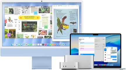 Ein 24 Zoll iMac, ein 15 Zoll MacBook Air, ein Mac mini und ein Mac Studio stehen nebeneinander und darauf laufen eine Vielzahl von Apps: Freeform, Vorschau, Kalender und Nachrichten