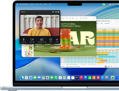 Eine Keynote Präsentation, eine Microsoft Excel Tabelle und ein Zoom Anruf sind gleichzeitig auf einem 13 Zoll MacBook Air geöffnet