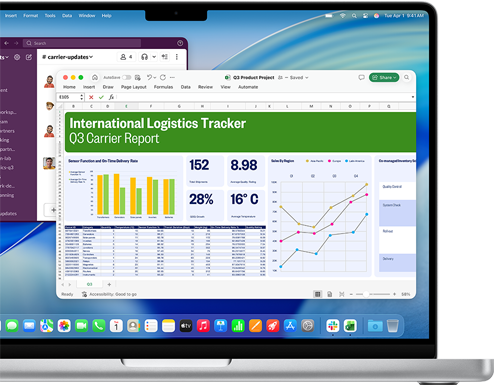 Eine Microsoft Excel Tabelle mit Daten in Diagrammen und Charts sowie eine Tabelle zusammen mit einem Slack Chat-Fenster auf einem 14 Zoll MacBook Pro