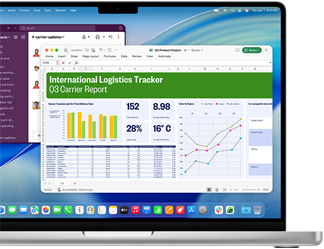 Eine Microsoft Excel Tabelle mit Daten in Diagrammen und Charts sowie eine Tabelle zusammen mit einem Slack Chat-Fenster auf einem 14 Zoll MacBook Pro