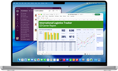 Eine Microsoft Excel Tabelle mit Daten in Diagrammen und Charts sowie eine Tabelle zusammen mit einem Slack Chat-Fenster auf einem 14 Zoll MacBook Pro