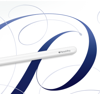 Apple Pencil Pro, Weiß, vor einem weißen Hintergrund mit blauen Wirbeln
