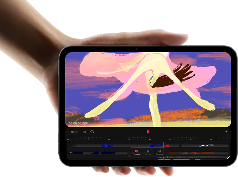iPad mini, wird in der Hand gehalten, Vorderansicht, zeigt die Schnittstelle für die Videobearbeitung mit bunten Clips, A20 Pro Chip unten erwähnt
