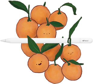 Ein Apple Pencil USB‑C, der auf einem Stapel Orangen liegt