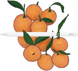 Ein Apple Pencil USB‑C, der auf einem Stapel Orangen liegt