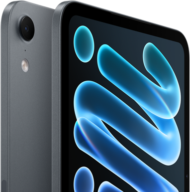 iPad mini, in Mitternacht, Rückansicht mit Kamera-Position und Vorderansicht in Diagonale, AppleCare+ Service mit Textbeschreibungen