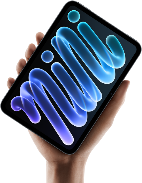 iPad mini, Vorderansicht, wird in einer Hand gehalten, schwarzes Gehäuse, das Display zeigt abstrakte Formen in Blau und Violett