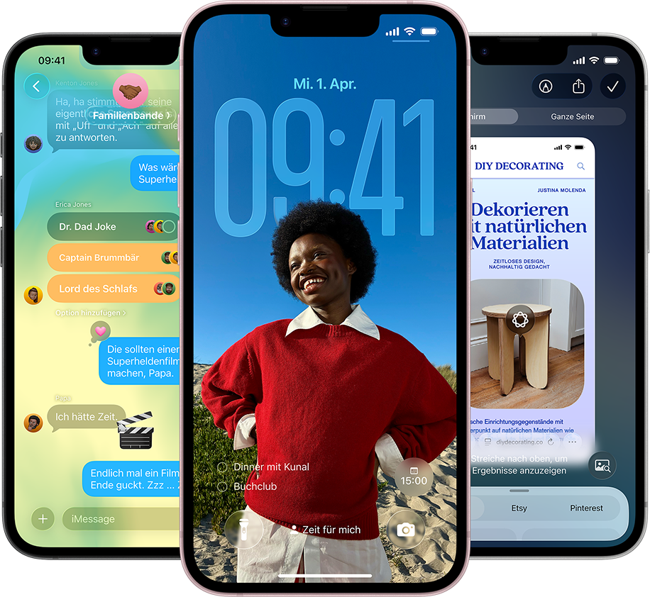 Tre iPhone 17e-enheter med appen Meddelanden i Liquid Glass-design, dynamisk låsskärm och Visuell intelligens igång