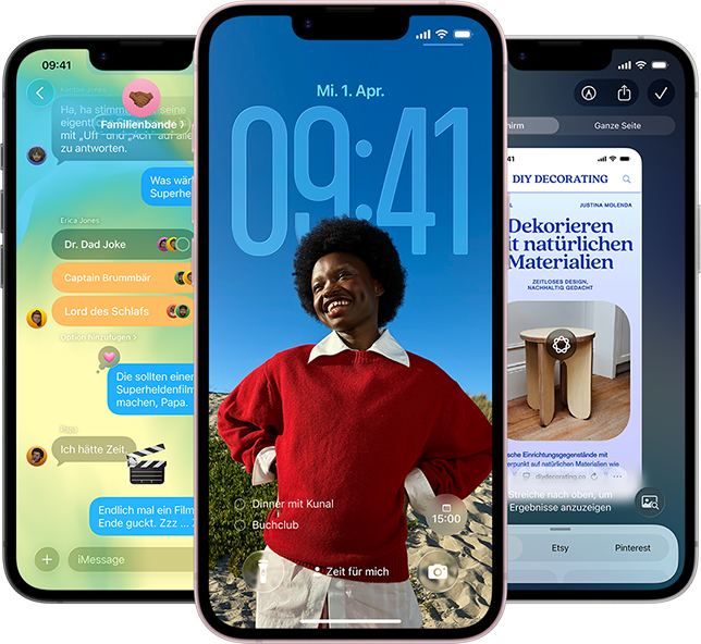 Tre iPhone 17e-enheter med appen Meddelanden i Liquid Glass-design, dynamisk låsskärm och Visuell intelligens igång