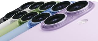 iPhone 17, Rückansicht, Dual Fusion Kamera-System, alle fünf Farben überlappend: Schwarz, Weiß, Salbei, Nebelblau und Lavendel