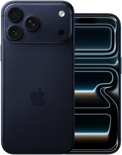 Nebeneinander: iPhone 17 Pro Max, Rückseite, Pro Kamera-System, 3 Objektive, Mikrofon, Blitz, Finish Tiefblau, iPhone 17 Pro, Vorderseite mit All-Screen Design, Finish Tiefblau